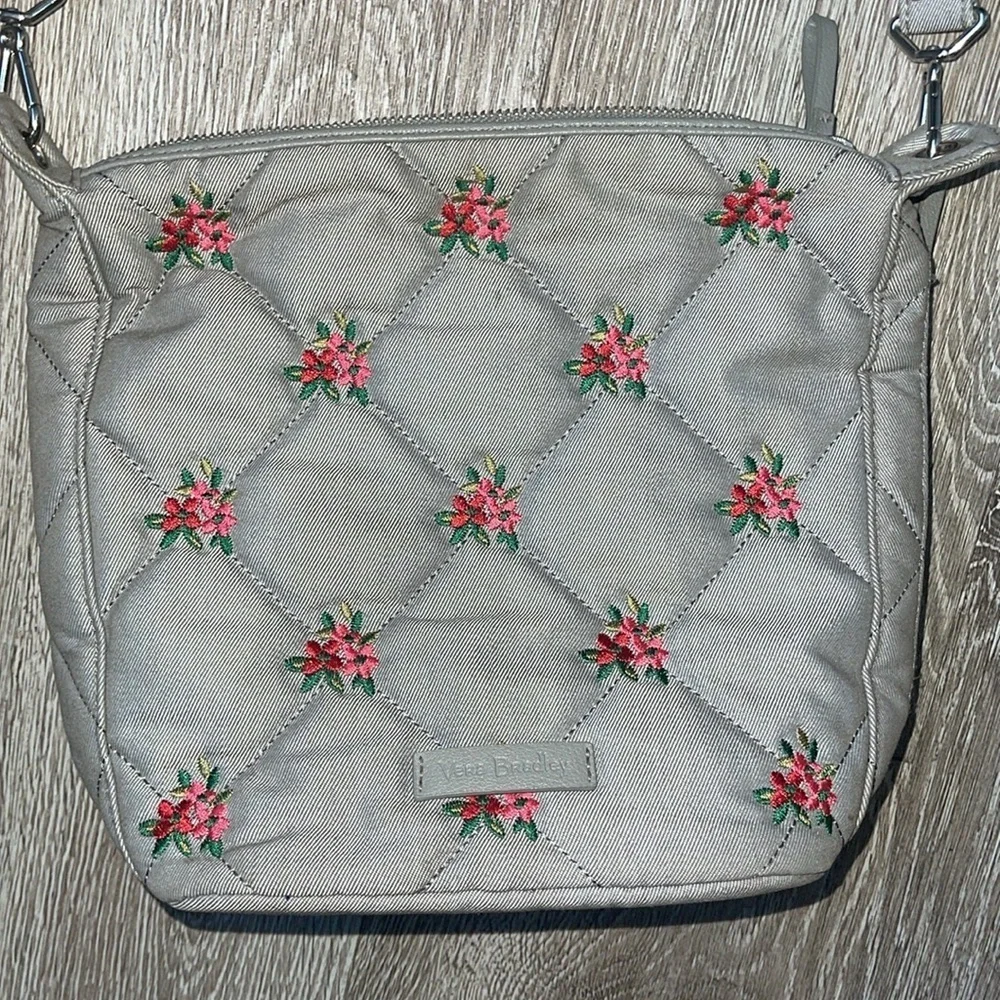 Vera Bradley Carson Hobo Bag in Denim Gray Floral Design, Red And Pink Flowers
